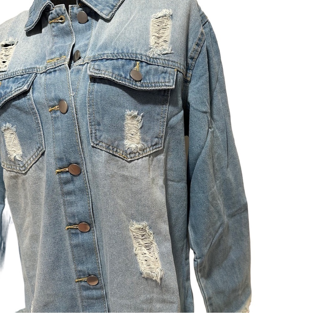NEW Raw Hem Denim Cotton Jean Jacket Distressed Frayed Hem Front Button Closure - Picture 10 of 16